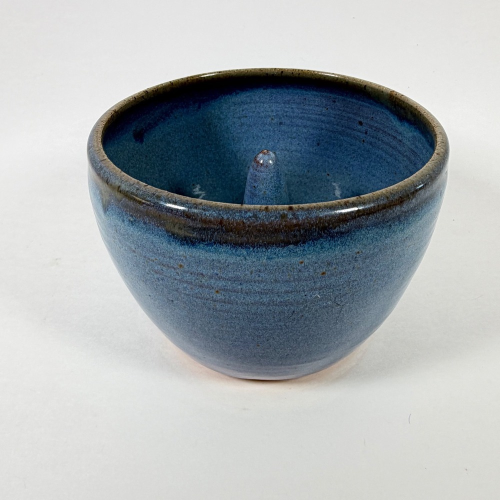 Studio Pottery Blue Glazed Apple Baker Signed Handcrafted Stoneware Bakeware